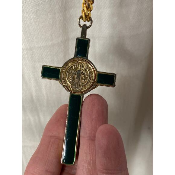 Gold tone St. Benedict Crucifix Pendant Necklace on Heavy Gold tone box chain. - Picture 9 of 16